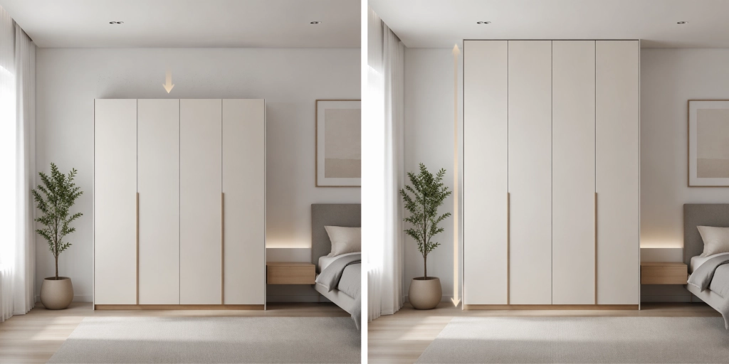 Сравнение шкафа средней высоты и шкафа до потолка в одной комнате